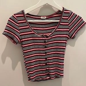Garage - Red, Black, and White Striped Button-up Short Sleeve Top